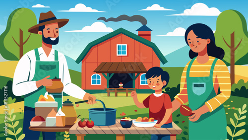 A family is cooking and eating together in a farm setting. The man is holding a ladle and the boy is holding a bowl. The woman is wearing an apron and the family is gathered around a table