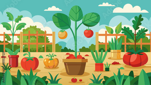 A garden with a variety of plants including tomatoes, cucumbers, and peppers. The plants are growing in pots and the garden is surrounded by a fence