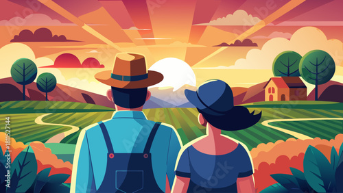 A man and woman are standing in a field with a sunset in the background. The man is wearing a straw hat and the woman is wearing a blue hat. The scene is peaceful and serene