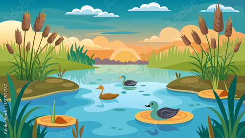 A group of ducks are swimming in a river. The sky is blue and the sun is setting