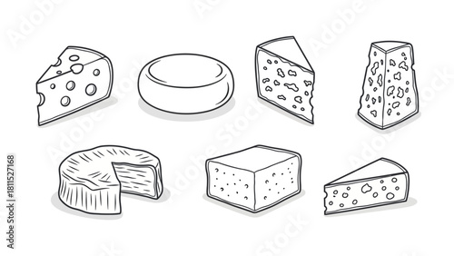 Hand-Drawn Line Art Illustration of Various Cheese Types