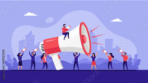 Teamwork illustration with people using megaphone for marketing campaign
