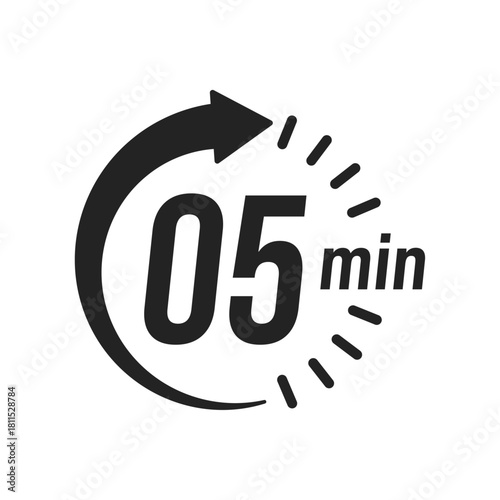 05 minute Timer, clock, stopwatch isolated icons. Countdown timer symbol. Label cooking time. Minute timer, Time measure, Chronometer, Alarm, Kitchen timer, label, sticker, stamp. Vector illustration