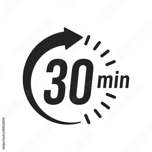 30 minute Timer, clock, stopwatch isolated icons. Countdown timer symbol. Label cooking time. Minute timer, Time measure, Chronometer, Alarm, Kitchen timer, label, sticker, stamp. Vector illustration