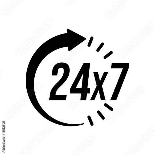 24 7 Service Support open, 24 hours a day, 7 days a week icon set. Tech supporting symbol. Timetable, time, hours signs. Delivery, shopping symbol. Vector illustration