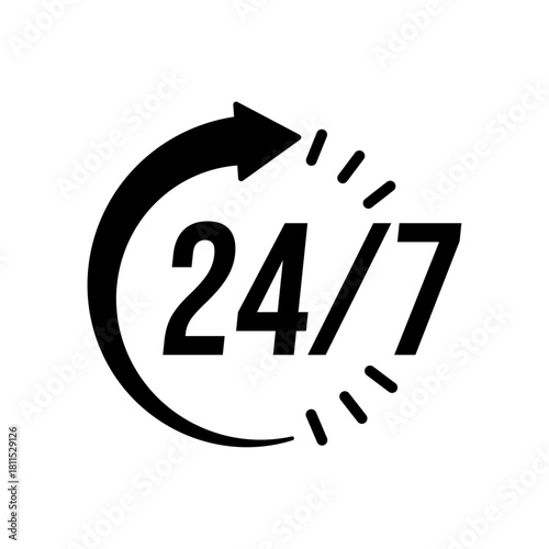 24 7 Service Support open, 24 hours a day, 7 days a week icon set. Tech supporting symbol. Timetable, time, hours signs. Delivery, shopping symbol. Vector illustration