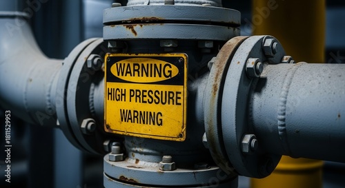 Industrial Warning Sign Highlighting High Pressure Risks on Metal Pipe Infrastructure