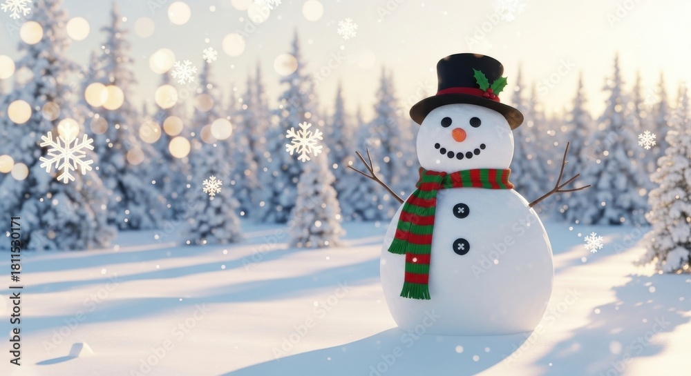 Obraz premium Festive Snowman with Top Hat and Scarf in Snowy Winter Landscape with Falling Snow