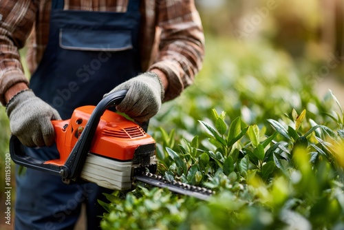 Gardener trimming hedge using petrol hedge trimmer