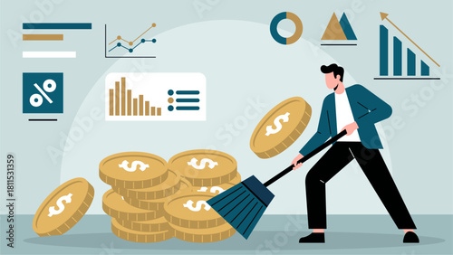 Business Professional Sweeping Forward a Pile of Gold Coins in Modern Flat Design