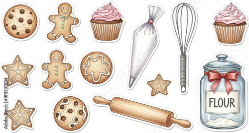Watercolor Holiday Baking Sticker Set, Gingerbread, Cookies, Cupcakes, Rolling Pin, Whisk, Flour Jar, and Sweet Christmas Kitchen Illustration