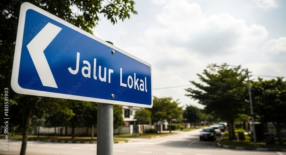 Fototapeta premium Local Road Sign Directing Traffic in Sunny Neighborhood Close Up Shot