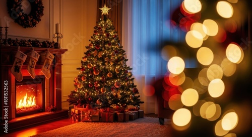 Warm and Cozy Christmas Home Interior with a Decorated Tree, Fireplace, and Festive Lights.