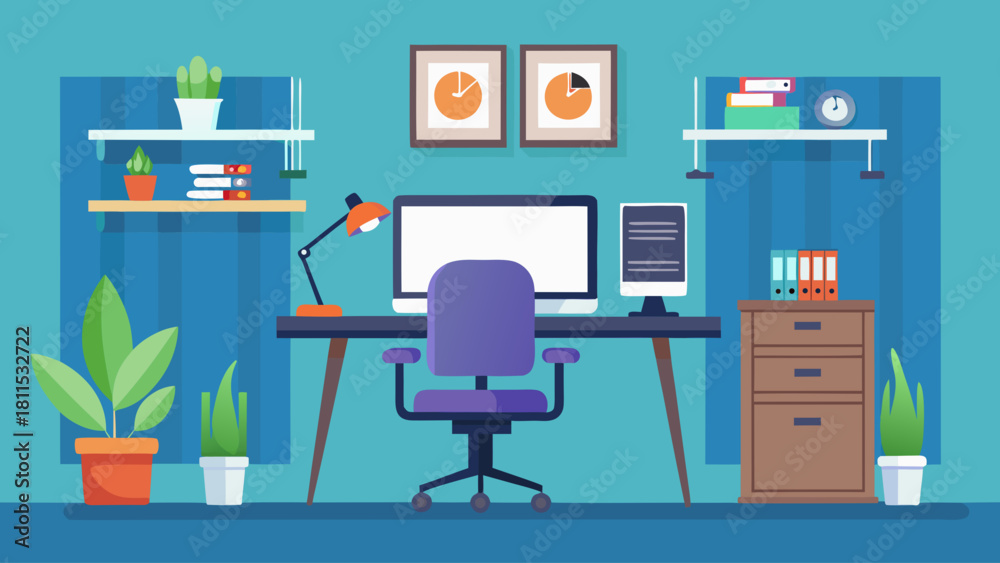 Fototapeta premium A blue and white office with a desk, chair, computer, and potted plants. The room is clean and organized, with a clock on the wall and a few books on the shelves. Scene is calm and professional