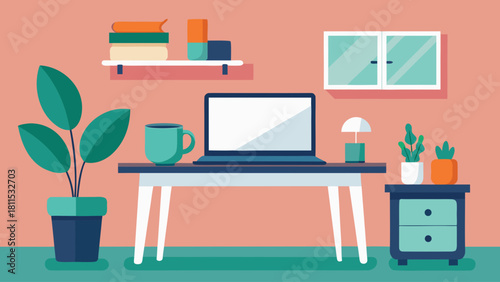 A computer desk with a laptop, a cup, and a potted plant. The desk is in a room with a pink wall