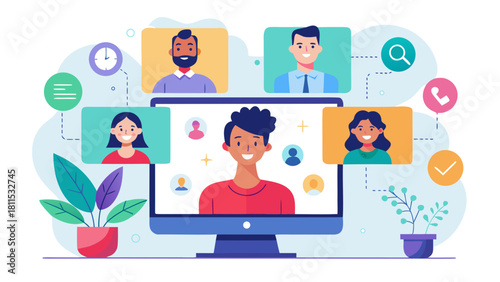 A computer monitor shows a group of people on a screen. The people are smiling and appear to be having a good time. Concept of camaraderie and connection among the group