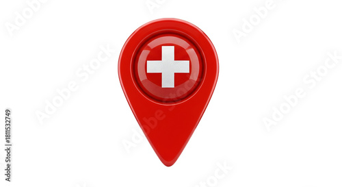 Free Download Healthcare Location Marker: A vibrant red location marker prominently displays a white cross, signifying healthcare services, indicating medical facilities and access to health resources.  - GFXLoad