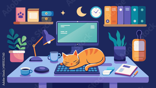 A cat is sleeping on a desk with a keyboard and a computer monitor. The desk is cluttered with books, a cup, and a potted plant. The cat is the main focus of the image