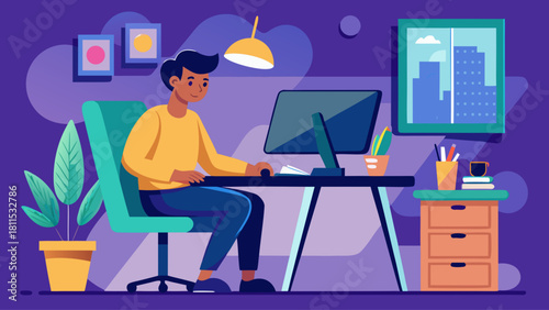 A man is sitting at a desk with a computer monitor and a keyboard. He is typing on the keyboard and looking at the computer screen. The room is decorated with a potted plant and a vase