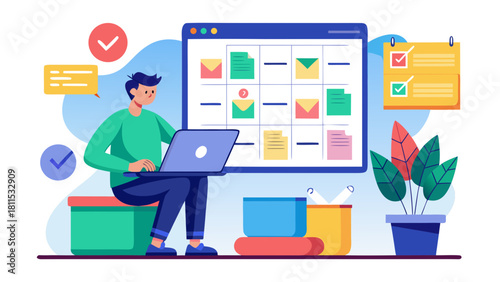 A man is sitting in front of a laptop computer. He is working on a project and has a lot of emails to respond to. The room is cluttered with books and a potted plant. The man is focused on his work