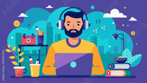 A man is sitting at a desk with a laptop and a stack of books. He is wearing headphones and he is focused on his work. Concept of productivity and concentration