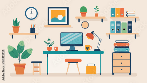 A colorful drawing of a home office with a computer, a desk, a chair, a clock, a potted plant, and a bookshelf