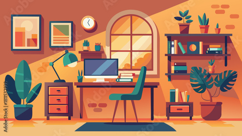 A room with a desk, chair, and a computer. There are several potted plants in the room, including one on the left side of the desk and another on the right side