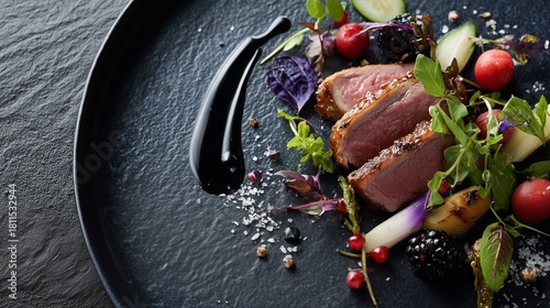 Fototapeta Naklejka Na Ścianę i Meble -  Deliciously plated duck breast with fresh herbs and colorful vegetables on a textured black plate