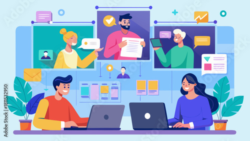 A group of people are working on a project together. They are using laptops and a tablet. There are two people on the left side of the image and three people on the right side