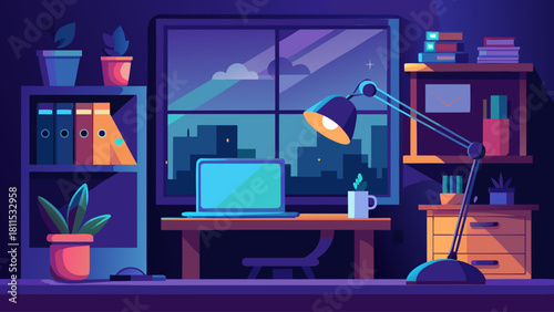 A computer desk with a laptop, a cup of coffee, and a potted plant. The room is dimly lit, creating a cozy atmosphere