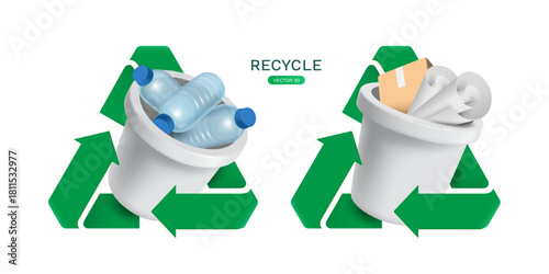 White bins for sorting recyclable waste in two ways: the first type separates plastics, the second type separates paper, and has a recycling logo rotating around the bin, vector 3d isolated for design