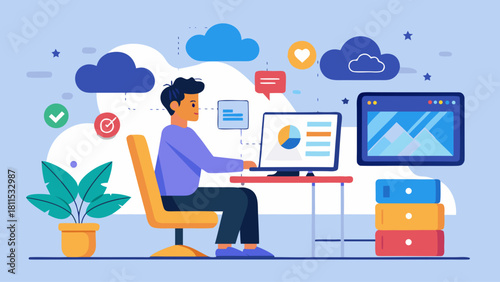 A man is sitting at a desk with a computer and a potted plant. He is working on a project and has a smile on his face. The room is decorated with colorful items, including a vase and a book