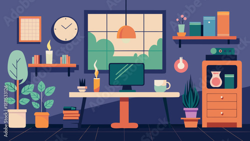 A cartoon drawing of a home office with a desk, computer, and potted plants. The room is decorated with a clock, books, and a vase