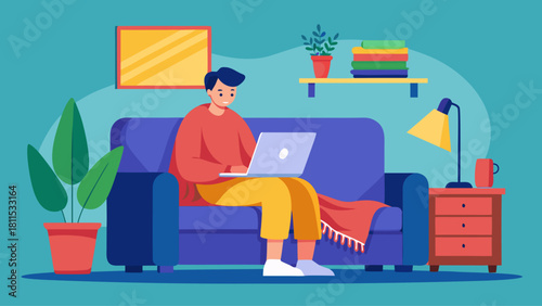 A man is sitting on a couch with a laptop in front of him. He is focused on his work and he is in a relaxed state. The room is decorated with potted plants and books, giving it a cozy