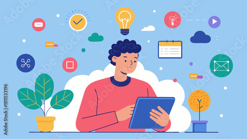 A man is sitting at a desk with a tablet in front of him. The tablet is displaying a variety of icons and buttons, including a calendar, a clock, and a keyboard. The man is focused on his work