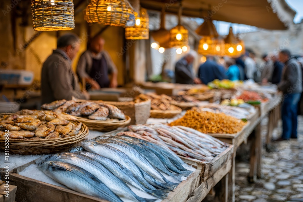 Fototapeta premium Fresh fish and seafood arrayed at outdoor market stall