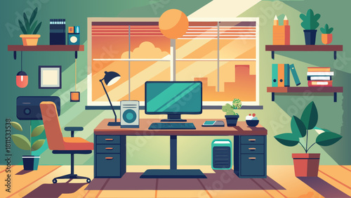 A computer desk with a computer monitor, keyboard, and mouse. A potted plant sits on the desk