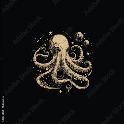 Mystical vintage illustration of a giant octopus floating in outer space, surrounded by planets, stars, and galaxies