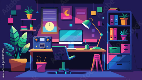 A colorful and bright room with a desk and chair, a computer monitor, and a lamp. The room has a modern and creative vibe, with a potted plant and a clock on the wall