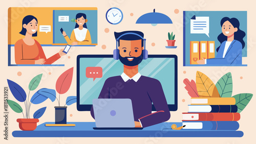 A man is sitting at a desk with a laptop and a computer monitor. He is wearing headphones and he is working. There are several books and a potted plant on the desk. Concept of productivity and focus