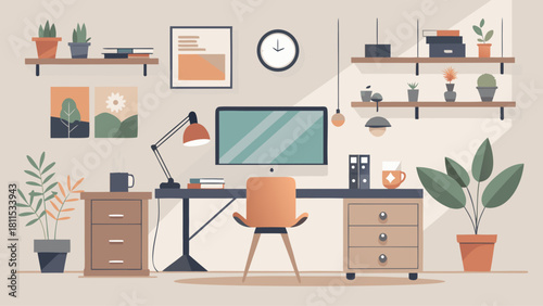 A computer desk with a computer monitor, a clock, a cup, and a potted plant. The desk is organized and clean, with a comfortable chair to sit in. The potted plant adds a touch of greenery to the space