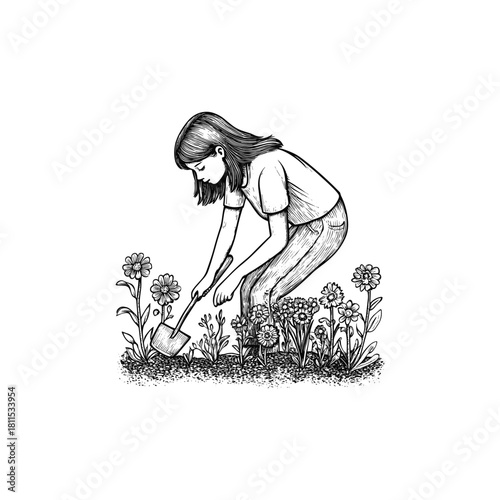 Detailed vintage engraving illustration of a young woman or girl working in a flower garden, using a trowel to dig among blooming daisy plants