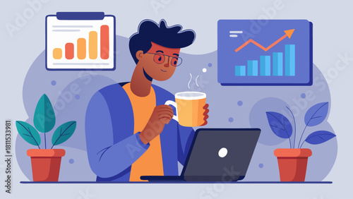 A man is sitting at a desk with a laptop and a cup of coffee. He is wearing glasses and he is focused on his work. Concept of productivity and concentration