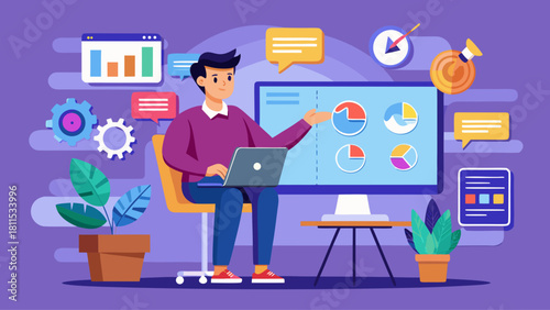 A man is sitting in front of a computer monitor with a laptop on his lap. He is pointing at a graph on the screen. The room is decorated with plants and a potted plant is placed near the monitor