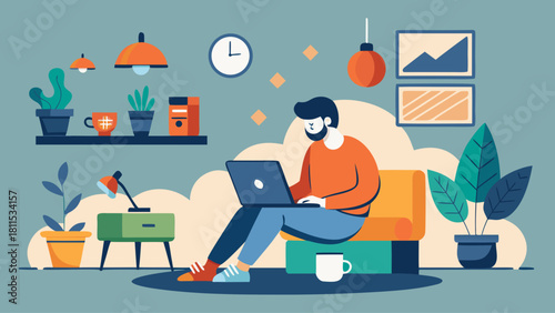 A man is sitting on a couch in a room with a laptop on his lap. The room has a clock on the wall and a potted plant on the floor. The man is focused on his work, and the room has a cozy