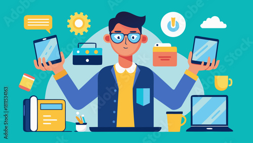 A man is holding a cell phone and a laptop in his hands. He is surrounded by various office items such as a keyboard, a mouse, a laptop, a book, and a cup. Concept of productivity and focus