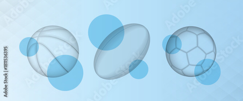 Three Sports Balls with Abstract Blue Bubbles.