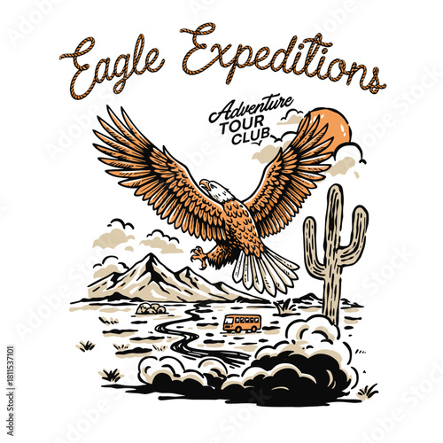 Desert Club Adventure Badge.Vintage Eagle Expedition Design.Retro Tour Bus Illustration.Bald Eagle Outdoor Emblem.Arizona Landscape Vector