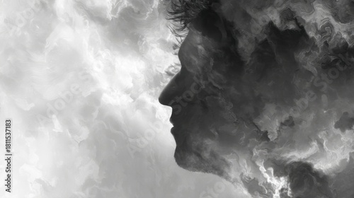 Artistic grayscale composition blending a man's profile with abstract clouds,