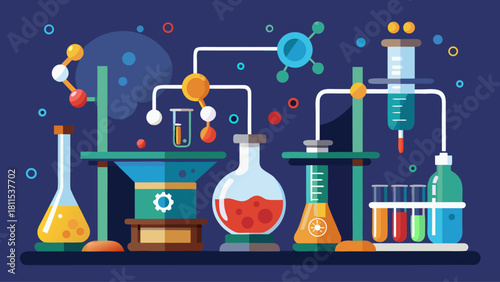 A colorful illustration of a chemistry lab with various glassware and chemicals. Scene is scientific and educational